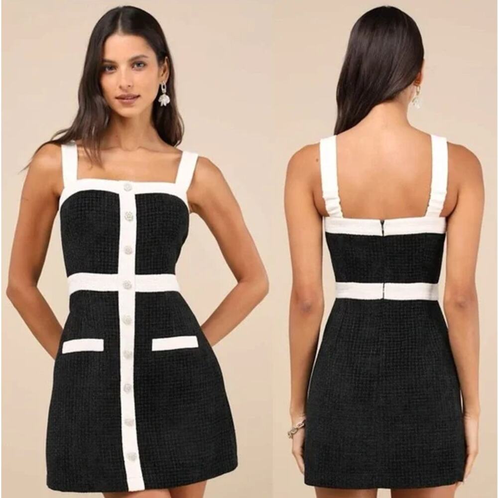 Lulus Divine Luxury Tweed Pearl Mini Dress Sleeveless Contrast Trim 90's Style